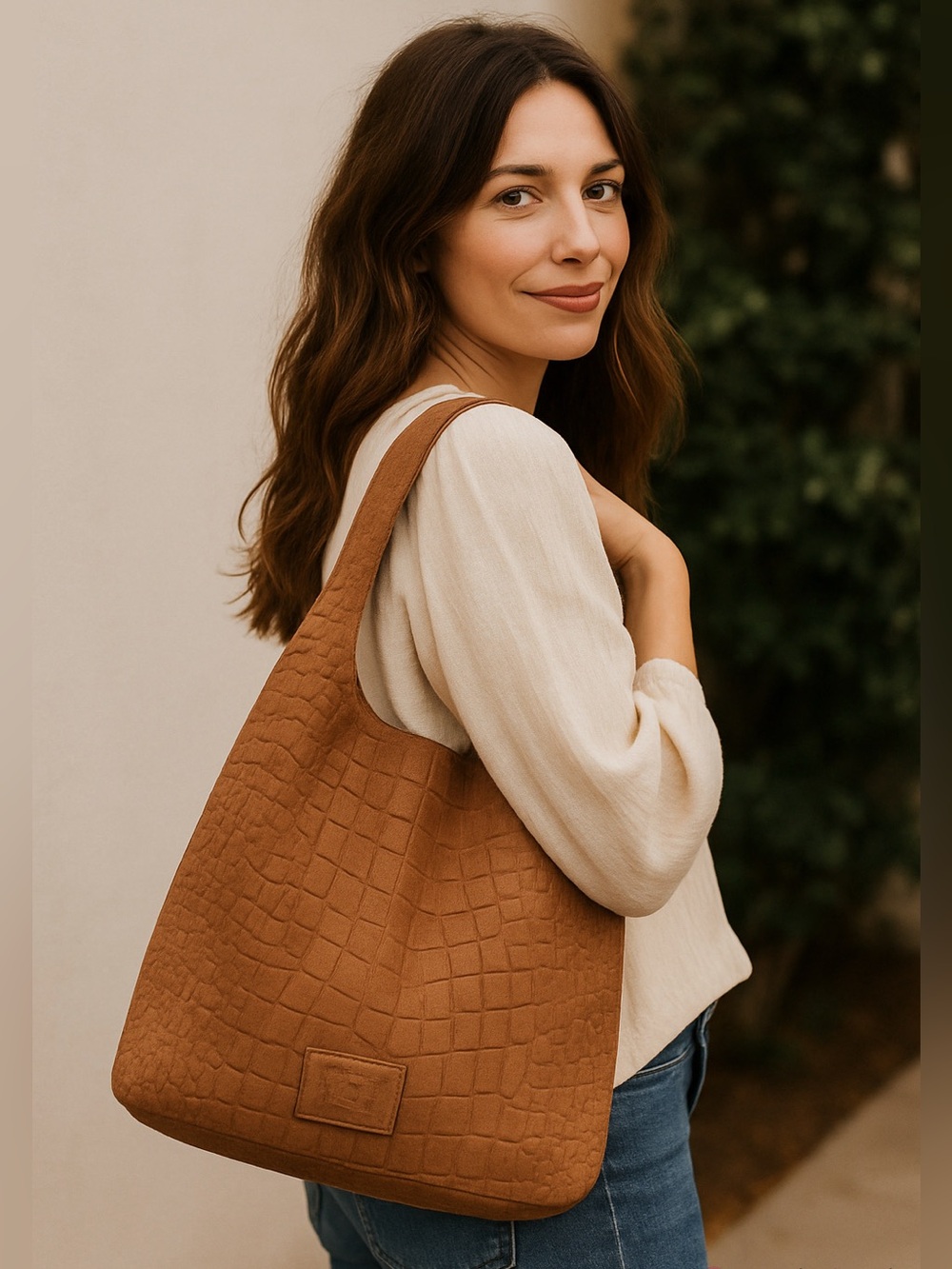 Haute Hippie Women’s Festival Genuine Suede Hobo Bag—Crocodile Embossed Tan - Picture 3 of 8